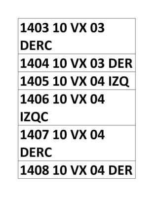 1403 10 VX 03
DERC
1404 10 VX 03 DER
1405 10 VX 04 IZQ
1406 10 VX 04
IZQC
1407 10 VX 04
DERC
1408 10 VX 04 DER
 