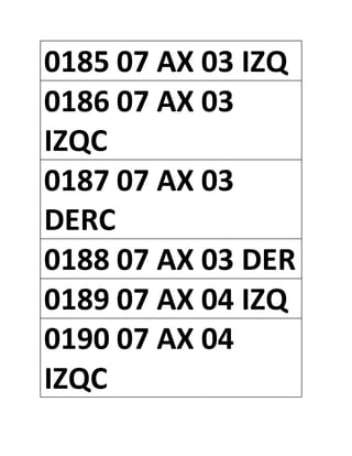 0185 07 AX 03 IZQ
0186 07 AX 03
IZQC
0187 07 AX 03
DERC
0188 07 AX 03 DER
0189 07 AX 04 IZQ
0190 07 AX 04
IZQC
 