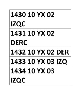 1430 10 YX 02
IZQC
1431 10 YX 02
DERC
1432 10 YX 02 DER
1433 10 YX 03 IZQ
1434 10 YX 03
IZQC
 