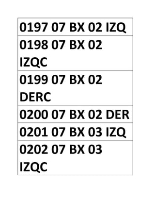 0197 07 BX 02 IZQ
0198 07 BX 02
IZQC
0199 07 BX 02
DERC
0200 07 BX 02 DER
0201 07 BX 03 IZQ
0202 07 BX 03
IZQC
 