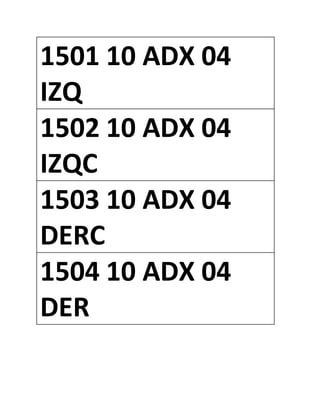 1501 10 ADX 04
IZQ
1502 10 ADX 04
IZQC
1503 10 ADX 04
DERC
1504 10 ADX 04
DER
 