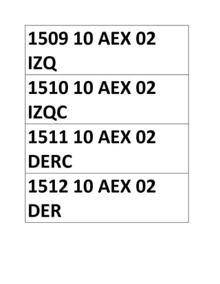 1509 10 AEX 02
IZQ
1510 10 AEX 02
IZQC
1511 10 AEX 02
DERC
1512 10 AEX 02
DER
 