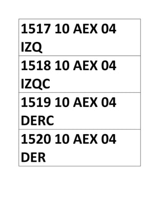 1517 10 AEX 04
IZQ
1518 10 AEX 04
IZQC
1519 10 AEX 04
DERC
1520 10 AEX 04
DER
 