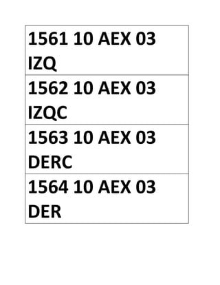 1561 10 AEX 03
IZQ
1562 10 AEX 03
IZQC
1563 10 AEX 03
DERC
1564 10 AEX 03
DER
 