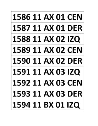 1586 11 AX 01 CEN
1587 11 AX 01 DER
1588 11 AX 02 IZQ
1589 11 AX 02 CEN
1590 11 AX 02 DER
1591 11 AX 03 IZQ
1592 11 AX 03 CEN
1593 11 AX 03 DER
1594 11 BX 01 IZQ
 