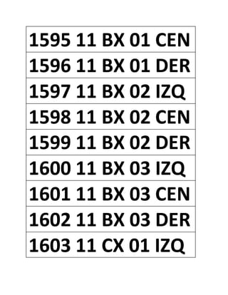 1595 11 BX 01 CEN
1596 11 BX 01 DER
1597 11 BX 02 IZQ
1598 11 BX 02 CEN
1599 11 BX 02 DER
1600 11 BX 03 IZQ
1601 11 BX 03 CEN
1602 11 BX 03 DER
1603 11 CX 01 IZQ
 