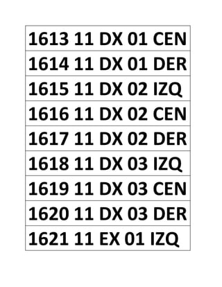 1613 11 DX 01 CEN
1614 11 DX 01 DER
1615 11 DX 02 IZQ
1616 11 DX 02 CEN
1617 11 DX 02 DER
1618 11 DX 03 IZQ
1619 11 DX 03 CEN
1620 11 DX 03 DER
1621 11 EX 01 IZQ
 