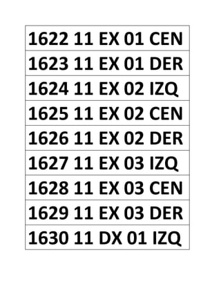 1622 11 EX 01 CEN
1623 11 EX 01 DER
1624 11 EX 02 IZQ
1625 11 EX 02 CEN
1626 11 EX 02 DER
1627 11 EX 03 IZQ
1628 11 EX 03 CEN
1629 11 EX 03 DER
1630 11 DX 01 IZQ
 