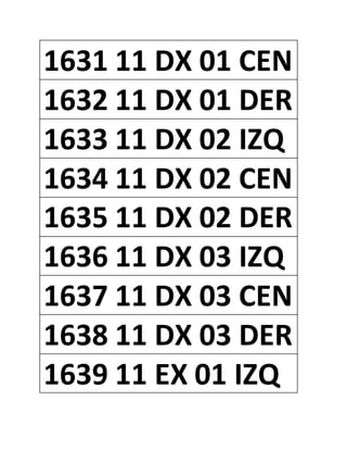 1631 11 DX 01 CEN
1632 11 DX 01 DER
1633 11 DX 02 IZQ
1634 11 DX 02 CEN
1635 11 DX 02 DER
1636 11 DX 03 IZQ
1637 11 DX 03 CEN
1638 11 DX 03 DER
1639 11 EX 01 IZQ
 