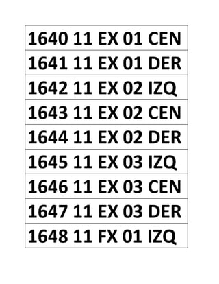 1640 11 EX 01 CEN
1641 11 EX 01 DER
1642 11 EX 02 IZQ
1643 11 EX 02 CEN
1644 11 EX 02 DER
1645 11 EX 03 IZQ
1646 11 EX 03 CEN
1647 11 EX 03 DER
1648 11 FX 01 IZQ
 