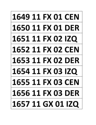 1649 11 FX 01 CEN
1650 11 FX 01 DER
1651 11 FX 02 IZQ
1652 11 FX 02 CEN
1653 11 FX 02 DER
1654 11 FX 03 IZQ
1655 11 FX 03 CEN
1656 11 FX 03 DER
1657 11 GX 01 IZQ
 