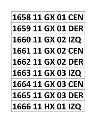 1658 11 GX 01 CEN
1659 11 GX 01 DER
1660 11 GX 02 IZQ
1661 11 GX 02 CEN
1662 11 GX 02 DER
1663 11 GX 03 IZQ
1664 11 GX 03 CEN
1665 11 GX 03 DER
1666 11 HX 01 IZQ
 