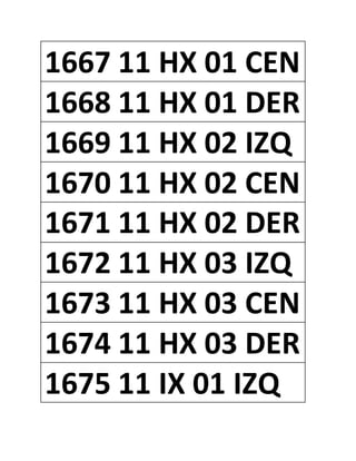 1667 11 HX 01 CEN
1668 11 HX 01 DER
1669 11 HX 02 IZQ
1670 11 HX 02 CEN
1671 11 HX 02 DER
1672 11 HX 03 IZQ
1673 11 HX 03 CEN
1674 11 HX 03 DER
1675 11 IX 01 IZQ
 