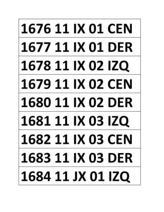 1676 11 IX 01 CEN
1677 11 IX 01 DER
1678 11 IX 02 IZQ
1679 11 IX 02 CEN
1680 11 IX 02 DER
1681 11 IX 03 IZQ
1682 11 IX 03 CEN
1683 11 IX 03 DER
1684 11 JX 01 IZQ
 