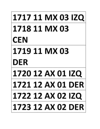 1717 11 MX 03 IZQ
1718 11 MX 03
CEN
1719 11 MX 03
DER
1720 12 AX 01 IZQ
1721 12 AX 01 DER
1722 12 AX 02 IZQ
1723 12 AX 02 DER
 