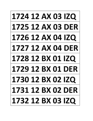 1724 12 AX 03 IZQ
1725 12 AX 03 DER
1726 12 AX 04 IZQ
1727 12 AX 04 DER
1728 12 BX 01 IZQ
1729 12 BX 01 DER
1730 12 BX 02 IZQ
1731 12 BX 02 DER
1732 12 BX 03 IZQ
 
