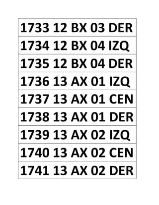 1733 12 BX 03 DER
1734 12 BX 04 IZQ
1735 12 BX 04 DER
1736 13 AX 01 IZQ
1737 13 AX 01 CEN
1738 13 AX 01 DER
1739 13 AX 02 IZQ
1740 13 AX 02 CEN
1741 13 AX 02 DER
 
