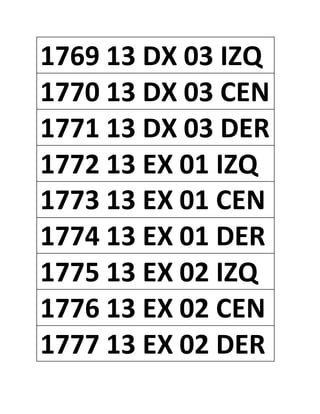 1769 13 DX 03 IZQ
1770 13 DX 03 CEN
1771 13 DX 03 DER
1772 13 EX 01 IZQ
1773 13 EX 01 CEN
1774 13 EX 01 DER
1775 13 EX 02 IZQ
1776 13 EX 02 CEN
1777 13 EX 02 DER
 