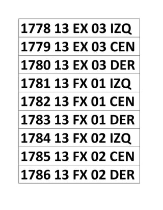 1778 13 EX 03 IZQ
1779 13 EX 03 CEN
1780 13 EX 03 DER
1781 13 FX 01 IZQ
1782 13 FX 01 CEN
1783 13 FX 01 DER
1784 13 FX 02 IZQ
1785 13 FX 02 CEN
1786 13 FX 02 DER
 