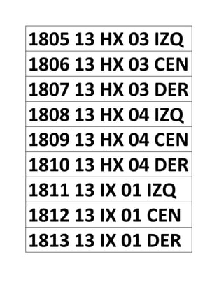 1805 13 HX 03 IZQ
1806 13 HX 03 CEN
1807 13 HX 03 DER
1808 13 HX 04 IZQ
1809 13 HX 04 CEN
1810 13 HX 04 DER
1811 13 IX 01 IZQ
1812 13 IX 01 CEN
1813 13 IX 01 DER
 