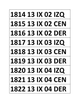 1814 13 IX 02 IZQ
1815 13 IX 02 CEN
1816 13 IX 02 DER
1817 13 IX 03 IZQ
1818 13 IX 03 CEN
1819 13 IX 03 DER
1820 13 IX 04 IZQ
1821 13 IX 04 CEN
1822 13 IX 04 DER
 
