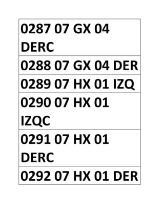 0287 07 GX 04
DERC
0288 07 GX 04 DER
0289 07 HX 01 IZQ
0290 07 HX 01
IZQC
0291 07 HX 01
DERC
0292 07 HX 01 DER
 