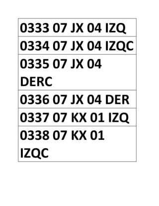0333 07 JX 04 IZQ
0334 07 JX 04 IZQC
0335 07 JX 04
DERC
0336 07 JX 04 DER
0337 07 KX 01 IZQ
0338 07 KX 01
IZQC
 