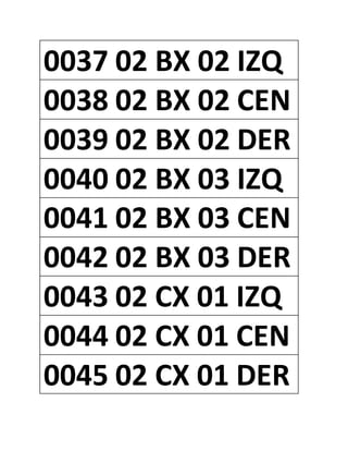 0037 02 BX 02 IZQ
0038 02 BX 02 CEN
0039 02 BX 02 DER
0040 02 BX 03 IZQ
0041 02 BX 03 CEN
0042 02 BX 03 DER
0043 02 CX 01 IZQ
0044 02 CX 01 CEN
0045 02 CX 01 DER
 