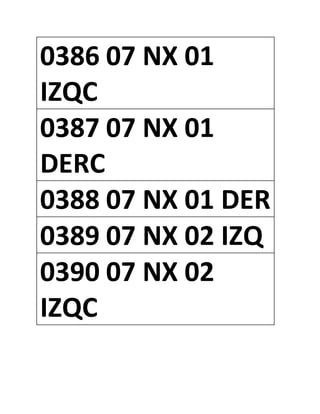0386 07 NX 01
IZQC
0387 07 NX 01
DERC
0388 07 NX 01 DER
0389 07 NX 02 IZQ
0390 07 NX 02
IZQC
 