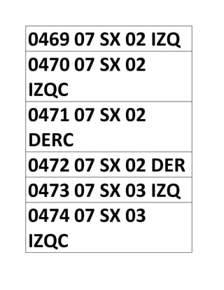 0469 07 SX 02 IZQ
0470 07 SX 02
IZQC
0471 07 SX 02
DERC
0472 07 SX 02 DER
0473 07 SX 03 IZQ
0474 07 SX 03
IZQC
 