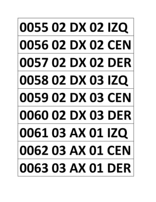 0055 02 DX 02 IZQ
0056 02 DX 02 CEN
0057 02 DX 02 DER
0058 02 DX 03 IZQ
0059 02 DX 03 CEN
0060 02 DX 03 DER
0061 03 AX 01 IZQ
0062 03 AX 01 CEN
0063 03 AX 01 DER
 