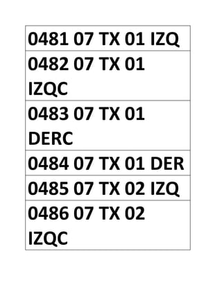 0481 07 TX 01 IZQ
0482 07 TX 01
IZQC
0483 07 TX 01
DERC
0484 07 TX 01 DER
0485 07 TX 02 IZQ
0486 07 TX 02
IZQC
 