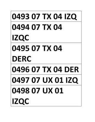 0493 07 TX 04 IZQ
0494 07 TX 04
IZQC
0495 07 TX 04
DERC
0496 07 TX 04 DER
0497 07 UX 01 IZQ
0498 07 UX 01
IZQC
 