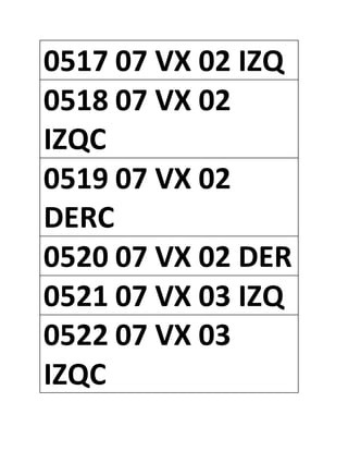 0517 07 VX 02 IZQ
0518 07 VX 02
IZQC
0519 07 VX 02
DERC
0520 07 VX 02 DER
0521 07 VX 03 IZQ
0522 07 VX 03
IZQC
 