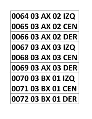 0064 03 AX 02 IZQ
0065 03 AX 02 CEN
0066 03 AX 02 DER
0067 03 AX 03 IZQ
0068 03 AX 03 CEN
0069 03 AX 03 DER
0070 03 BX 01 IZQ
0071 03 BX 01 CEN
0072 03 BX 01 DER
 