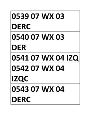 0539 07 WX 03
DERC
0540 07 WX 03
DER
0541 07 WX 04 IZQ
0542 07 WX 04
IZQC
0543 07 WX 04
DERC
 