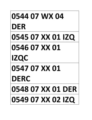 0544 07 WX 04
DER
0545 07 XX 01 IZQ
0546 07 XX 01
IZQC
0547 07 XX 01
DERC
0548 07 XX 01 DER
0549 07 XX 02 IZQ
 