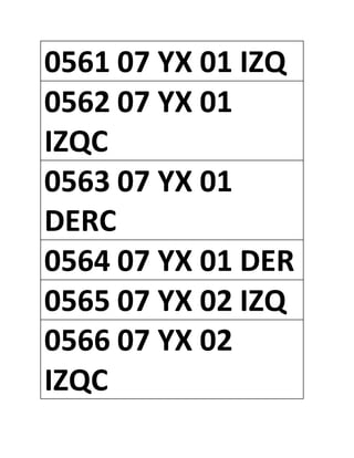 0561 07 YX 01 IZQ
0562 07 YX 01
IZQC
0563 07 YX 01
DERC
0564 07 YX 01 DER
0565 07 YX 02 IZQ
0566 07 YX 02
IZQC
 
