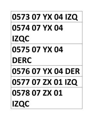 0573 07 YX 04 IZQ
0574 07 YX 04
IZQC
0575 07 YX 04
DERC
0576 07 YX 04 DER
0577 07 ZX 01 IZQ
0578 07 ZX 01
IZQC
 