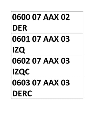 0600 07 AAX 02
DER
0601 07 AAX 03
IZQ
0602 07 AAX 03
IZQC
0603 07 AAX 03
DERC
 