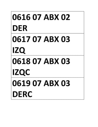 0616 07 ABX 02
DER
0617 07 ABX 03
IZQ
0618 07 ABX 03
IZQC
0619 07 ABX 03
DERC
 
