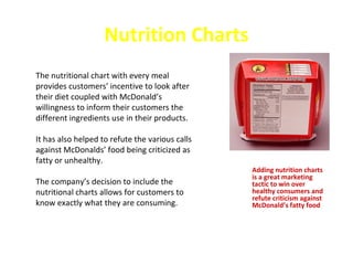 Nutrition Charts
The nutritional chart with every meal
provides customers’ incentive to look after
their diet coupled with McDonald’s
willingness to inform their customers the
different ingredients use in their products.

It has also helped to refute the various calls
against McDonalds’ food being criticized as
fatty or unhealthy.
                                                 Adding nutrition charts
                                                 is a great marketing
The company’s decision to include the            tactic to win over
nutritional charts allows for customers to       healthy consumers and
                                                 refute criticism against
know exactly what they are consuming.            McDonald’s fatty food
 
