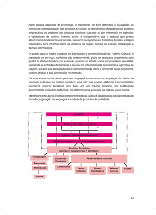 Além desses aspectos de promoção, é importante ter bem deﬁnidas e divulgadas as
formas de comercialização dos produtos turísticos: se diretamente ofertados pelos próprios
empresários ou gestores dos atrativos turísticos culturais ou por intermédio de agências
e operadores de turismo. Mesmo assim, é indispensável que o pessoal que presta
atendimento diretamente aos turistas, tais como recepcionistas, frentistas, taxistas, estejam
preparados para informar sobre os atrativos da região, formas de acesso, localização e
demais informações.

O quadro abaixo ilustra a cadeia de distribuição e comercialização do Turismo Cultural. A
prestação de serviços, conforme dito anteriormente, pode ser realizada diretamente pelo
gestor do atrativo turístico (por exemplo, quando um artista recebe os turistas em seu ateliê,
vendendo as entradas diretamente a ele) ou por intermédio das operadoras e agências de
viagem, que por sua especialização e conhecimento da oferta e demanda desse segmento,
podem ampliar a sua penetração no mercado.

Os operadores locais desempenham um papel fundamental na ampliação da oferta de
produtos culturais do destino turístico, uma vez que podem elaborar e comercializar
inúmeros roteiros temáticos com base em um mesmo território, ora destacando
determinados episódios históricos, ora determinados aspectos da cultura, entre outros.

Identiﬁcar e articular os diversos componentes dessa cadeia é salutar para a proﬁssionalização
do setor, a geração de empregos e a oferta de produtos de qualidade.




                                                                                           33
 