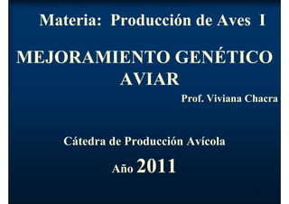 1
Materia: Producción de Aves I
MEJORAMIENTO GENÉTICO
AVIAR
Prof. Viviana Chacra
Cátedra de Producción Avícola
Año 2011
 