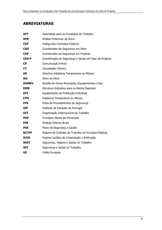 Riscos Especiais na Construção Civil: Proposta de uma Estrutura Indicativa em Fase de Projecto
xi
ABREVIATURAS
ACT Autoridade para as Condições do Trabalho
APR Análise Preliminar de Risco
CCP Código dos Contratos Públicos
CSO Coordenador de Segurança em Obra
CSP Coordenador de Segurança em Projecto
CSS-P Coordenação de Segurança e Saúde em Fase de Projecto
CP Comunicação Prévia
CT Compilação Técnica
DE Directiva Estaleiros Temporários ou Móveis
DO Dono de Obra
DOMEV Divisão de Obras Municipais, Equipamentos e Vias
EIRE Estrutura Indicativa para os Riscos Especiais
EPI Equipamento de Protecção Individual
ETM Estaleiros Temporários ou Móveis
FPS Ficha de Procedimentos de Segurança
IEP Instituto de Estradas de Portugal
OIT Organização Internacional do Trabalho
PGP Princípios Gerais de Prevenção
PIB Produto Interno Bruto
PSS Plano de Segurança e Saúde
RCTFP Regime do Contrato de Trabalho em Funções Públicas
RJUE Regime Jurídico da Urbanização e Edificação
SHST Segurança, Higiene e Saúde no Trabalho
SST Segurança e Saúde no Trabalho
UE União Europeia
 