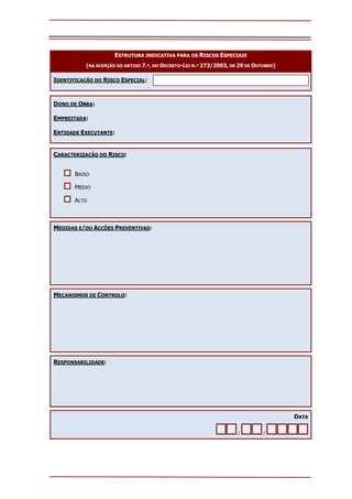 ESTRUTURA INDICATIVA PARA OS RISCOS ESPECIAIS
(NA ACEPÇÃO DO ARTIGO 7.º, DO DECRETO-LEI N.º 273/2003, DE 29 DE OUTUBRO)
IDENTIFICAÇÃO DO RISCO ESPECIAL:
DONO DE OBRA:
EMPREITADA:
ENTIDADE EXECUTANTE:
CARACTERIZAÇÃO DO RISCO:
BAIXO
MÉDIO
ALTO
MEDIDAS E/OU ACÇÕES PREVENTIVAS:
MECANISMOS DE CONTROLO:
RESPONSABILIDADE:
DATA
/ /
 