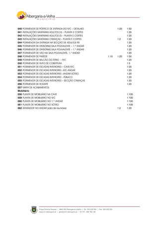 040 PORMENOR DE PÓRTICO DE ENTRADA DO R/C – DETALHES 1:20 1:50
041 INSTALAÇÕES SANITÁRIAS ADULTOS (H) – PLANTA E CORTES 1:20
042 INSTALAÇÕES SANITÁRIAS ADULTOS (S) – PLANTA E CORTES 1:20
043 INSTALAÇÕES SANITÁRIAS CRIANÇAS – PLANTA E CORTES 1:2 1:20
044 PORMENOR DA ENTRADA NA SECÇÃO DE ADULTOS P8 1:20
045 PORMENOR DE DIVISÓRIAS SALA POLIVALENTE – 1.º ANDAR 1:20
046 PORMENOR DE DIVISÓRIAS SALA POLIVALENTE – 1.º ANDAR 1:20
047 PORMENOR DE VÃO NA SALA POLIVALENTE, 1.º ANDAR 1:20
048 PORMENOR DE PAREDE 1:10 1:20 1:50
049 PORMENOR DE BALCÃO DO ÁTRIO – R/C 1:20
050 PORMENOR DE RUFO DE COBERTURA 1:5
051 PORMENOR DE ESCADAS INTERIORES – CAVE-R/C 1:20
052 PORMENOR DE ESCADAS INTERIORES –R/C-ANDAR 1:20
053 PORMENOR DE ESCADAS INTERIORES –ANDAR-SÓTÃO 1:20
054 PORMENOR DE ESCADAS INTERIORES - PÚBLICO 1:20
055 PORMENOR DE ESCADAS INTERIORES – SECÇÃO CRIANÇAS 1:20
056 PORMENOR DE RODAPÉ 1:20
057 MAPA DE ACABAMENTOS
Mobiliário
058 PLANTA DE MOBILIÁRIO NA CAVE 1:100
059 PLANTA DE MOBILIÁRIO NO R/C 1:100
060 PLANTA DE MOBILIÁRIO NO 1.º ANDAR 1:100
061 PLANTA DE MOBILIÁRIO NO SÓTÃO 1:100
062 APARADOR NO ANDAR (sala de reuniões) 1:2 1:20
 