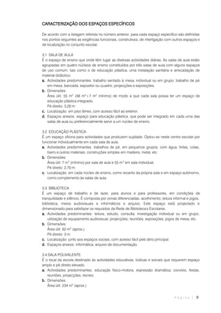 P á g i n a | 5
CARACTERIZAÇÃO DOS ESPAÇOS ESPECÍFICOS
De acordo com a listagem referida no número anterior, para cada espaço específico são definidas
nos pontos seguintes as exigências funcionais, construtivas, de interligação com outros espaços e
de localização no conjunto escolar.
3.1 SALA DE AULA
É o espaço de ensino que onde têm lugar as diversas actividades diárias. As salas de aula estão
agrupadas em quatro núcleos de ensino constituídos por três salas de aula com alguns espaços
de uso comum, tais como o de educação plástica, uma instalação sanitária e arrecadação de
material didáctico.
a. Actividades predominantes: trabalho sentado à mesa, individual ou em grupo; trabalho de pé
em mesa, bancada, expositor ou quadro; projecções e exposições.
b. Dimensões:
Área útil: 55 m2
(48 m2
+7 m2
mínimo) de modo a que cada sala possa ter um espaço de
educação plástica integrado.
Pé direito: 3,20 m
c. Localização: em piso térreo, com acesso fácil ao exterior.
d. Espaços anexos: espaço para educação plástica, que pode ser integrado em cada uma das
salas de aula ou preferencialmente servir a um núcleo de ensino.
3.2 EDUCAÇÃO PLÁSTICA
É um espaço oficina para actividades que produzem sujidade. Optou-se neste centro escolar por
funcionar individualmente em cada sala de aula.
a. Actividades predominantes: trabalhos de pé, em pequenos grupos, com água, tintas, colas,
barro e outros materiais; construções simples em madeira, metal, etc.
b. Dimensões:
Área útil: 7 m2
(mínimo) por sala de aula e 55 m2
em sala individual.
Pé direito: 2,70 m
c. Localização: em cada núcleo de ensino, como recanto da própria sala e em espaço autónomo,
como complemento às salas de aula.
3.3 BIBLIOTECA
É um espaço de trabalho e de lazer, para alunos e para professores, em condições de
tranquilidade e silêncio. É composta por zonas diferenciadas: acolhimento, leitura informal e jogos,
biblioteca, meios audiovisuais e informáticos e arquivo. Este espaço está projectado e
dimensionado para satisfazer os requisitos da Rede de Bibliotecas Escolares.
a. Actividades predominantes: leitura, estudo, consulta, investigação individual ou em grupo;
utilização de equipamento audiovisual; projecções; reuniões, exposições; jogos de mesa, etc.
b. Dimensões:
Área útil: 62 m2
(aprox.)
Pé direito: 3 m
c. Localização: junto aos espaços sociais, com acesso fácil pelo átrio principal.
d. Espaços anexos: informática; arquivo de documentação.
3.4 SALA POLIVALENTE
É o local da escola destinado às actividades educativas, lúdicas e sociais que requerem espaço
amplo e pé direito elevado.
a. Actividades predominantes: educação físico-motora, expressão dramática; convívio, festas,
reuniões, projecções; recreio.
b. Dimensões:
Área útil: 234 m2
(aprox.)
 