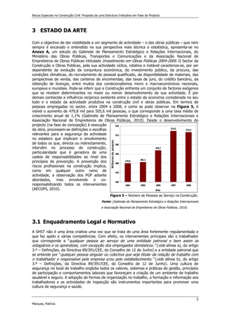 Riscos Especiais na Construção Civil: Proposta de uma Estrutura Indicativa em Fase de Projecto
7
Marques, Patrícia
479,8
481,2
493,7
514,5
513,2
460
470
480
490
500
510
520
2004 2005 2006 2007 2008
Ano
M
ilha
re
s
d
e
p
e
sso
a
s
3 ESTADO DA ARTE
Com o objectivo de dar visibilidade a um segmento de actividade – o das obras públicas – que nem
sempre é encarado e entendido na sua perspectiva mais técnica e estatística, apresenta-se no
Anexo A, um estudo do Gabinete de Planeamento Estratégico e Relações Internacionais, do
Ministério das Obras Públicas, Transportes e Comunicações e da Associação Nacional de
Empreiteiros de Obras Públicas intitulado Investimento em Obras Públicas 2004-2009. O Sector da
Construção e Obras Públicas, pela sua actividade cíclica, rotativa e instável caracteriza-se, por ser
dependente da evolução da conjuntura económica, do investimento público, da procura, das
condições climáticas, do recrutamento de pessoal qualificado, da disponibilidade de materiais, das
perspectivas de venda, das carteiras de encomendas, das taxas de juro, do crédito bancário, da
obtenção de licenças, entre muitos dos condicionalismos micro e macroeconómicos nacionais,
europeus e mundiais. Pode-se inferir que a Construção enfrenta um conjunto de factores exógenos
que se revelam determinantes no maior ou menor desenvolvimento da sua actividade. É por
demais conhecida a influência recíproca existente entre o estado da economia considerada no seu
todo e o estado da actividade produtiva na construção civil e obras públicas. Em termos de
pessoas empregadas no sector, entre 2004 e 2008, e como se pode observar na Figura 5, é
visível o aumento de 479,8 mil para 505,6 mil pessoas, o que corresponde a uma taxa média de
crescimento anual de 1,1% (Gabinete de Planeamento Estratégico e Relações Internacionais e
Associação Nacional de Empreiteiros de Obras Públicas, 2010). Desde o desenvolvimento do
projecto (na fase de concepção) à execução
da obra, processam-se definições e escolhas
relevantes para a segurança da actividade
no estaleiro que implicam o envolvimento
de todos os que, directa ou indirectamente,
intervêm no processo de construção,
particularidade que é geradora de uma
cadeia de responsabilidades ao nível dos
princípios de prevenção. A prevenção dos
riscos profissionais na construção implica,
como em qualquer outro ramo de
actividade, a observação dos PGP adiante
abordados, mas envolvendo e co-
responsabilizando todos os intervenientes
(AECOPS, 2010).
Figura 5 – Número de Pessoas ao Serviço na Construção.
Fonte: (Gabinete de Planeamento Estratégico e Relações Internacionais
e Associação Nacional de Empreiteiros de Obras Públicas, 2010).
3.1 Enquadramento Legal e Normativo
A SHST não é uma área criativa uma vez que se trata de uma área fortemente regulamentada e
que faz apelo a várias competências. Com efeito, os intervenientes principais são o trabalhador
que corresponde a “qualquer pessoa ao serviço de uma entidade patronal e bem assim os
estagiários e os aprendizes, com excepção dos empregados domésticos.” (vide alínea a), do artigo
3.º – Definições, da Directiva 89/391/CEE, do Conselho de 12 de Junho) e a entidade patronal que
se entende por “qualquer pessoa singular ou colectiva que seja titular da relação de trabalho com
o trabalhador e responsável pela empresa e/ou pelo estabelecimento.” (vide alínea b), do artigo
3.º – Definições, da Directiva 89/391/CEE, do Conselho de 12 de Junho). Uma cultura de
segurança no local de trabalho engloba todos os valores, sistemas e práticas de gestão, princípios
de participação e comportamentos laborais que favoreçam a criação de um ambiente de trabalho
saudável e seguro. A adopção de formas de organização no trabalho, a formação e informação aos
trabalhadores e as actividades de inspecção são instrumentos importantes para promover uma
cultura de segurança e saúde.
 