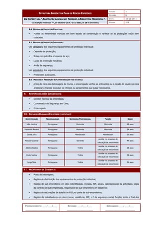 EDIÇÃO 1
ESTRUTURA INDICATIVA PARA OS RISCOS ESPECIAIS
REVISÃO 0
DATA 22-11-2011
DA EMPREITADA “ADAPTAÇÃO DA CASA DO TORREÃO A BIBLIOTECA MUNICIPAL”.
(NA ACEPÇÃO DO ARTIGO 7.º, DO DECRETO-LEI N.º 273/2003, DE 29 DE OUTUBRO) PÁGINA 3/4
PREENCHIMENTO: ___/___/___
_______________________
REVISÃO: ___/___/___
___________________
APROVAÇÃO: ___/___/___
______________________
8.4 MEDIDAS DE PROTECÇÃO COLECTIVA:
 Manter as ferramentas manuais em bom estado de conservação e verificar se as protecções estão bem
colocadas.
8.5 MEDIDAS DE PROTECÇÃO INDIVIDUAL:
Uso obrigatório dos seguintes equipamentos de protecção individual:
 Capacete de protecção;
 Botas com palmilha e biqueira de aço;
 Luvas de protecção mecânica;
 Arnês de segurança;
Uso esporádico dos seguintes equipamentos de protecção individual:
 Protectores auriculares.
8.6 MEDIDAS DE PREVENÇÃO SUPLEMENTARES (EM FASE DE OBRA):
 Antes do início das betonagens de muros, o encarregado verifica as entivações ou o estado do talude na zona
a betonar e mandar executar os reforços ou saneamentos que julgar necessários.
9. RESPONSABILIDADE (ORGANIZAR):
 Director Técnico da Empreitada;
 Coordenador de Segurança em Obra;
 Encarregado.
10. RECURSOS HUMANOS ESPECIAIS (EXECUTAR):
IDENTIFICAÇÃO NACIONALIDADE CATEGORIA PROFISSIONAL FUNÇÃO IDADE
João Martins Portuguesa Motorista Motorista 48 anos
Fernando Amaral Portuguesa Motorista Motorista 54 anos
Carlos Silva Portuguesa Manobrador Manobrador 56 anos
Manuel Guiomar Portuguesa Servente
Auxiliar no processo de
colocação de betuminoso
44 anos
Adelino Bastos Portuguesa Trolha
Auxiliar no processo de
colocação de betuminoso
28 anos
Paulo Santos Portuguesa Trolha
Auxiliar no processo de
colocação de betuminoso
38 anos
Jorge Silva Portuguesa Trolha
Auxiliar no processo de
colocação de betuminoso
34 anos
11. MECANISMOS DE CONTROLO:
 Plano de betonagem;
 Registo de distribuição dos equipamentos de protecção individual;
 Registo de sub-empreiteiros em obra (identificação, morada, NIF, alvará, calendarização da actividade, cópia
do contrato de sub-empreitada, responsável do sub-empreiteiro em estaleiro);
 Registo de declarações de adesão ao PSS por parte de sub-empreiteiros;
 Registo de trabalhadores em obra (nome, residência, NIF, n.º de segurança social, função, início e final dos
 